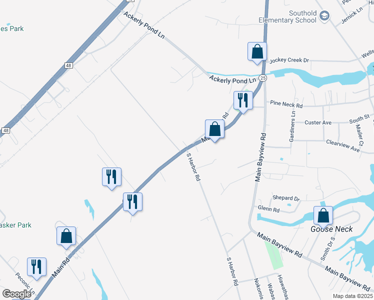 map of restaurants, bars, coffee shops, grocery stores, and more near 2 South Harbor Road in Southold