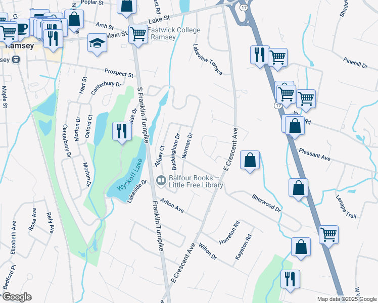 map of restaurants, bars, coffee shops, grocery stores, and more near 283 Norman Drive in Ramsey