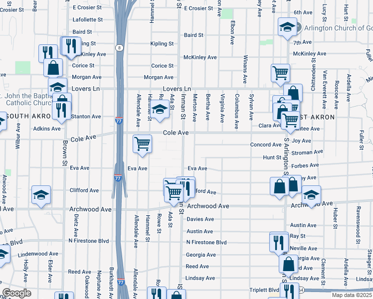 map of restaurants, bars, coffee shops, grocery stores, and more near 1021 Inman St in Akron