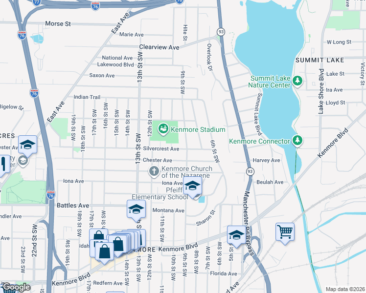 map of restaurants, bars, coffee shops, grocery stores, and more near 747 Silvercrest Avenue in Akron