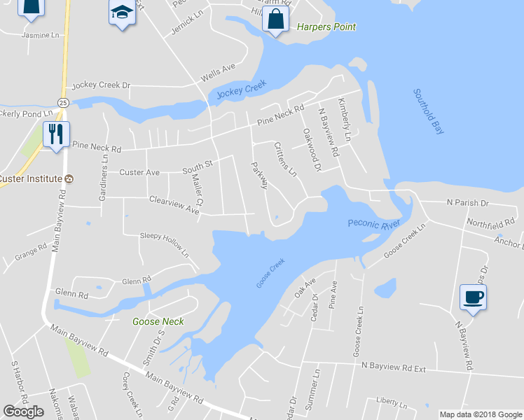 map of restaurants, bars, coffee shops, grocery stores, and more near 1600 Parkway in Southold