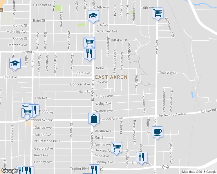 map of restaurants, bars, coffee shops, grocery stores, and more near 1073 Stroman Avenue in Akron