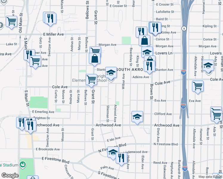 map of restaurants, bars, coffee shops, grocery stores, and more near 1193 Sherman Street in Akron