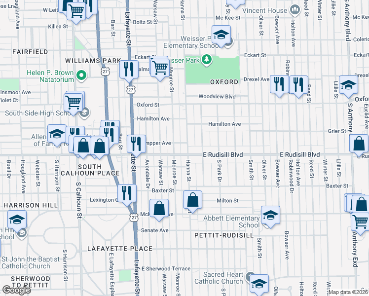 map of restaurants, bars, coffee shops, grocery stores, and more near 3810 South Hanna Street in Fort Wayne
