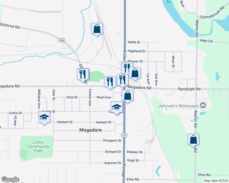map of restaurants, bars, coffee shops, grocery stores, and more near 3877 Bradley Street in Mogadore