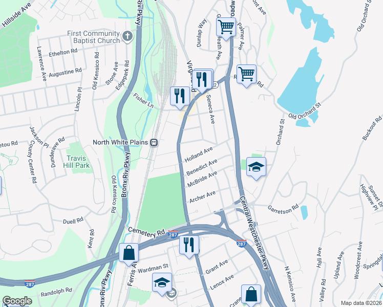 map of restaurants, bars, coffee shops, grocery stores, and more near 492 North Broadway in White Plains