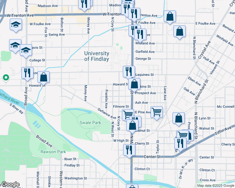 map of restaurants, bars, coffee shops, grocery stores, and more near 806 North Cory Street in Findlay