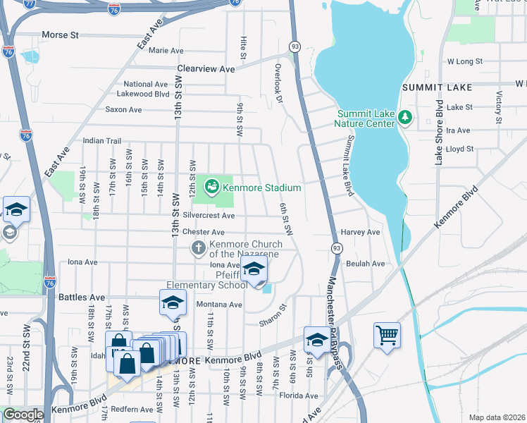 map of restaurants, bars, coffee shops, grocery stores, and more near 711 Silvercrest Avenue in Akron
