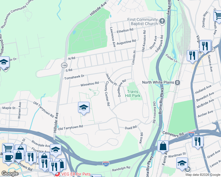 map of restaurants, bars, coffee shops, grocery stores, and more near 27 Manitou Trail in White Plains
