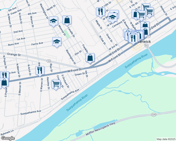 map of restaurants, bars, coffee shops, grocery stores, and more near 618620 W Front St in Berwick