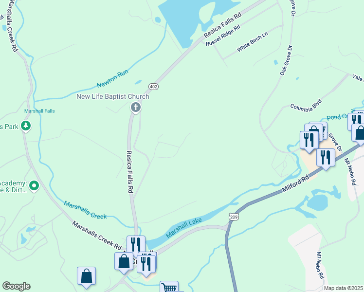 map of restaurants, bars, coffee shops, grocery stores, and more near 335 Copper Road in East Stroudsburg