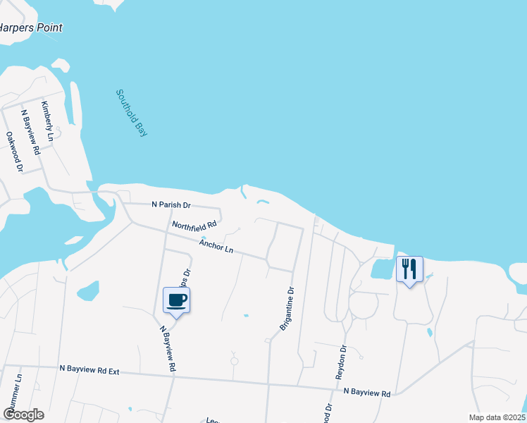 map of restaurants, bars, coffee shops, grocery stores, and more near 75 Harbor Lights Drive in Southold