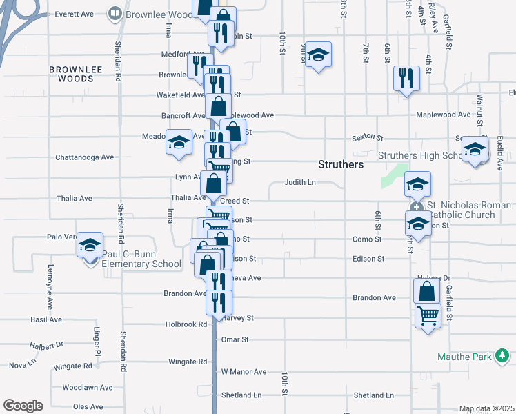 map of restaurants, bars, coffee shops, grocery stores, and more near 584 Creed Street in Struthers