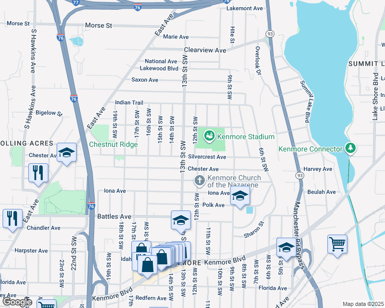 map of restaurants, bars, coffee shops, grocery stores, and more near 835 Silvercrest Avenue in Akron