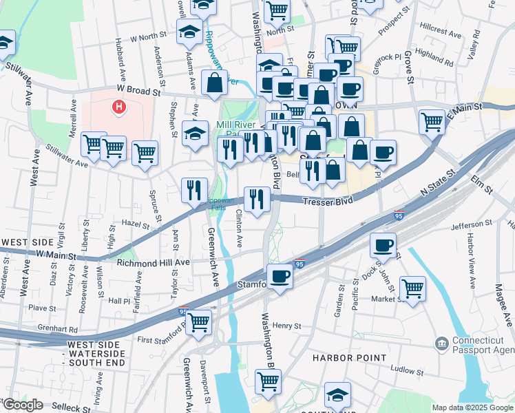 map of restaurants, bars, coffee shops, grocery stores, and more near 75 Tresser Boulevard in Stamford