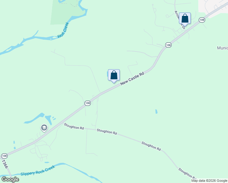 map of restaurants, bars, coffee shops, grocery stores, and more near 635 New Castle Road in Slippery Rock