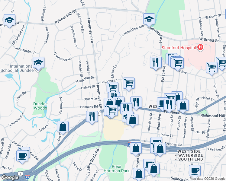 map of restaurants, bars, coffee shops, grocery stores, and more near 50 Myano Lane in Stamford