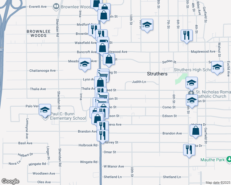 map of restaurants, bars, coffee shops, grocery stores, and more near 584 Creed Street in Struthers