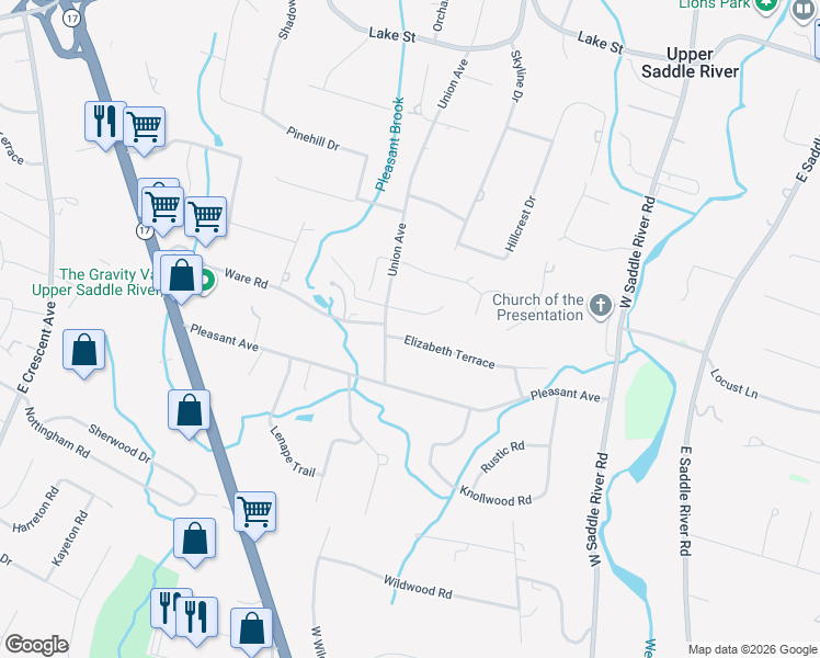 map of restaurants, bars, coffee shops, grocery stores, and more near 49 Elizabeth Terrace in Saddle River