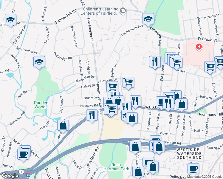 map of restaurants, bars, coffee shops, grocery stores, and more near 50 Myano Lane in Stamford