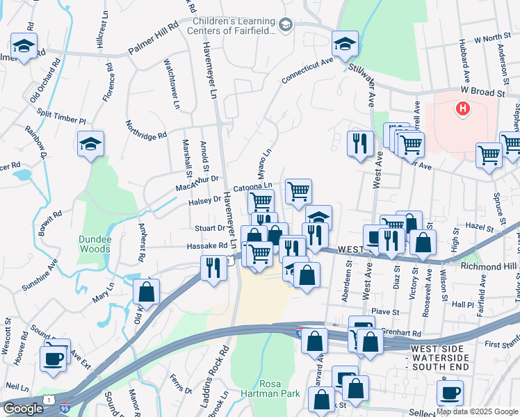 map of restaurants, bars, coffee shops, grocery stores, and more near 50 Myano Lane in Stamford