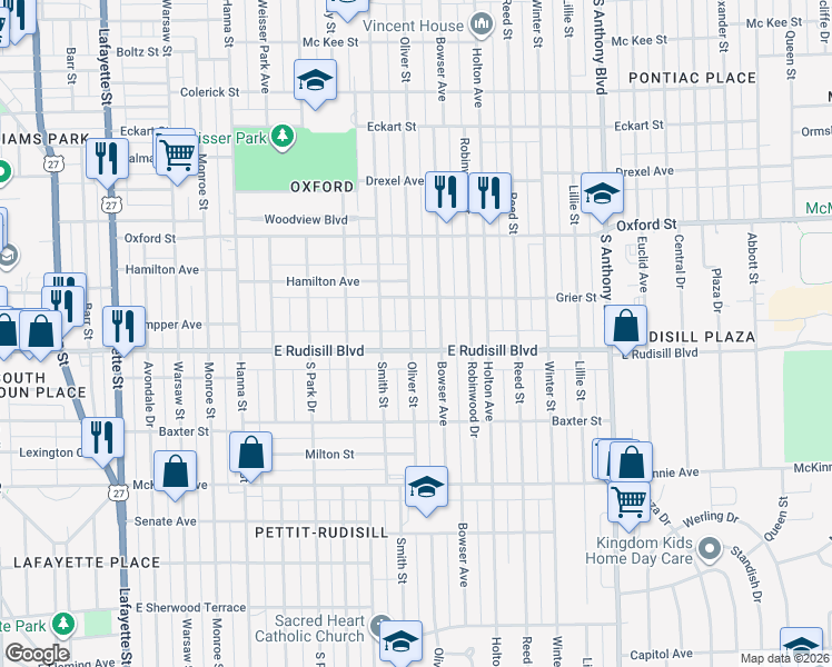 map of restaurants, bars, coffee shops, grocery stores, and more near 3811 Oliver Street in Fort Wayne
