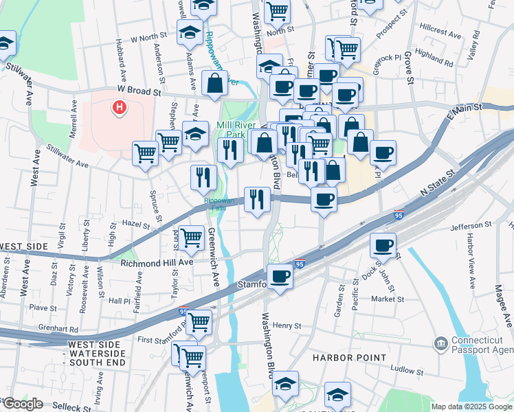 map of restaurants, bars, coffee shops, grocery stores, and more near 75 Tresser Boulevard in Stamford