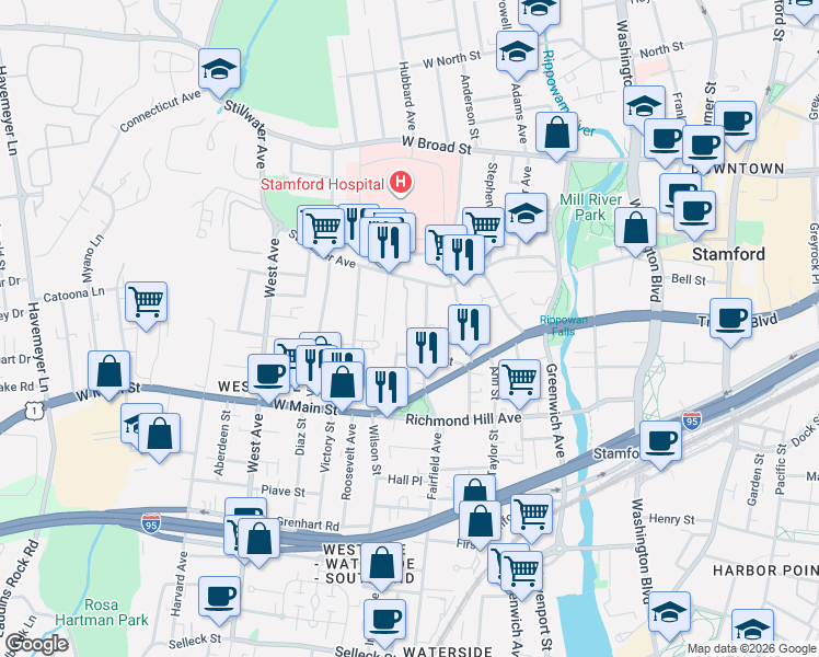 map of restaurants, bars, coffee shops, grocery stores, and more near 19 Fairgate Drive in Stamford