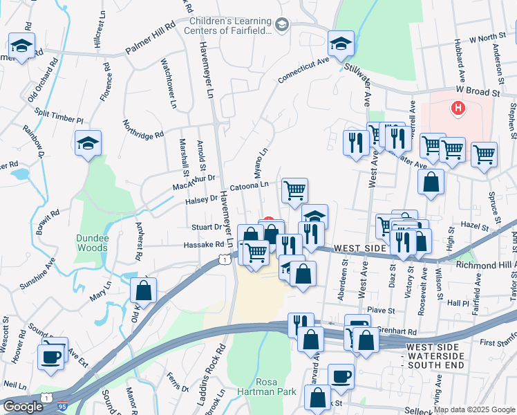 map of restaurants, bars, coffee shops, grocery stores, and more near 50 Myano Lane in Stamford