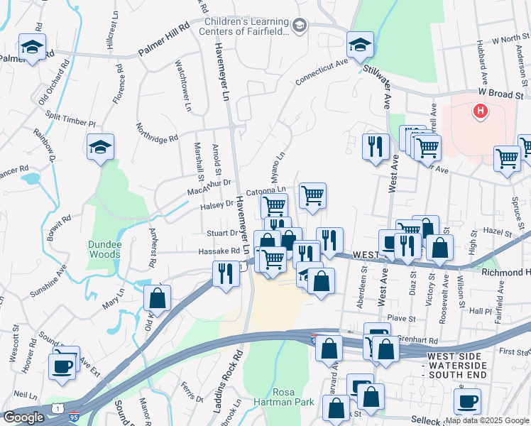 map of restaurants, bars, coffee shops, grocery stores, and more near 50 Myano Lane in Stamford