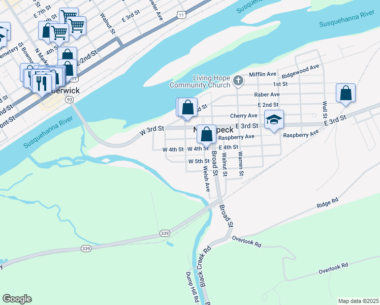 map of restaurants, bars, coffee shops, grocery stores, and more near 400 West 4th Street in Nescopeck