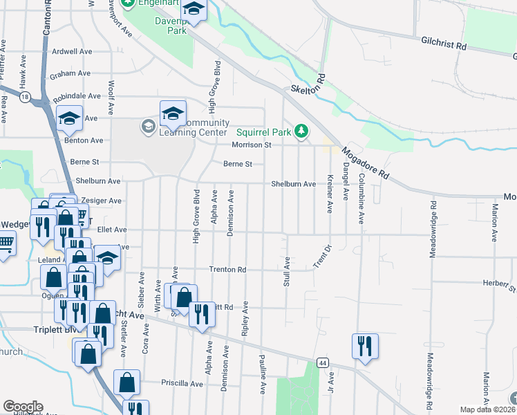 map of restaurants, bars, coffee shops, grocery stores, and more near 217 Pauline Avenue in Akron