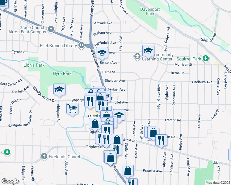 map of restaurants, bars, coffee shops, grocery stores, and more near 2601 Zesiger Avenue in Akron