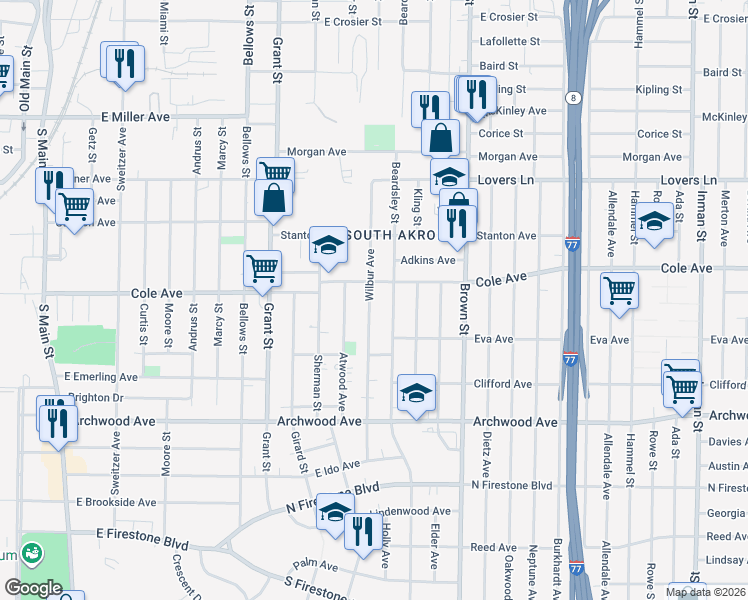 map of restaurants, bars, coffee shops, grocery stores, and more near 1185 Wilbur Avenue in Akron