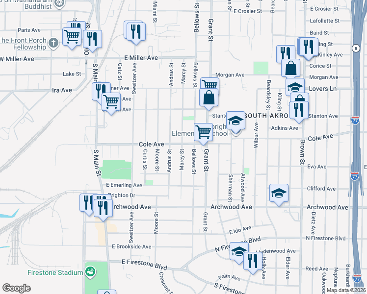 map of restaurants, bars, coffee shops, grocery stores, and more near 228 Cole Avenue in Akron