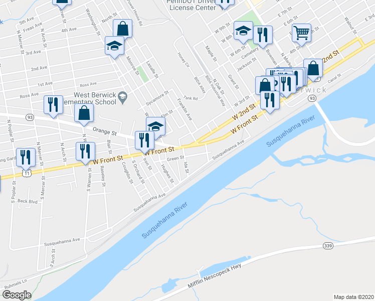 map of restaurants, bars, coffee shops, grocery stores, and more near 620 West Front Street in Berwick