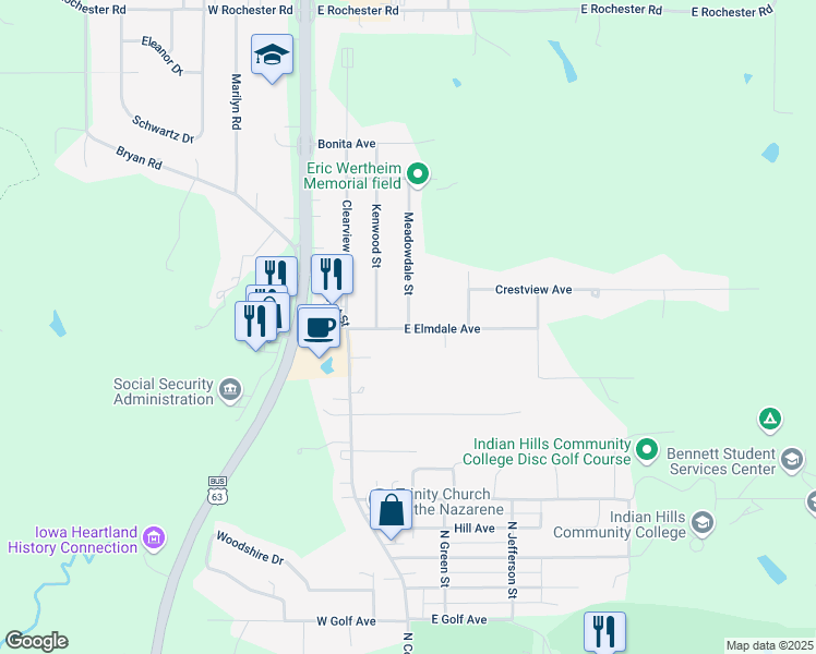 map of restaurants, bars, coffee shops, grocery stores, and more near 2651 Meadowdale Street in Ottumwa