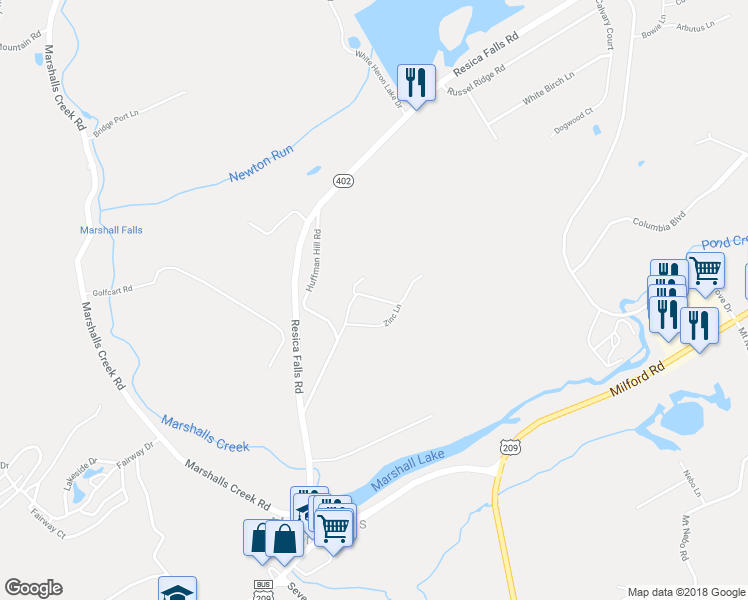 map of restaurants, bars, coffee shops, grocery stores, and more near Copper Rd in East Stroudsburg