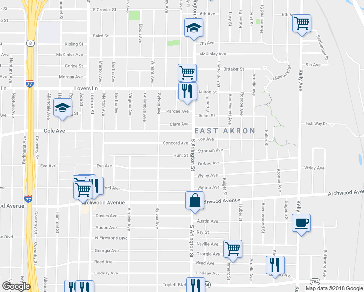 map of restaurants, bars, coffee shops, grocery stores, and more near 1006 Concord Avenue in Akron