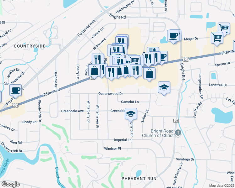 map of restaurants, bars, coffee shops, grocery stores, and more near 1801 Camelot Lane in Findlay