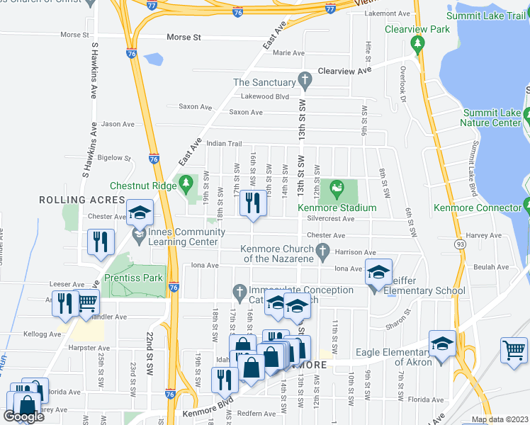 map of restaurants, bars, coffee shops, grocery stores, and more near 915 Silvercrest Avenue in Akron