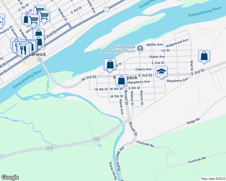 map of restaurants, bars, coffee shops, grocery stores, and more near 400 West 4th Street in Nescopeck