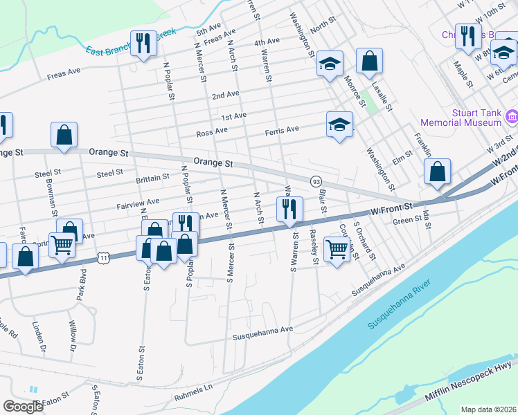 map of restaurants, bars, coffee shops, grocery stores, and more near 198 N Arch St in Berwick