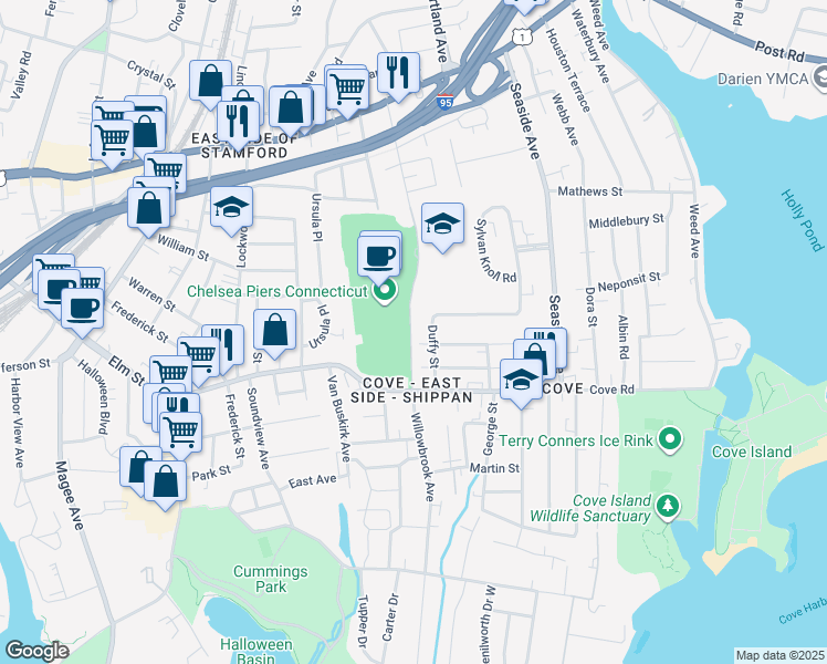 map of restaurants, bars, coffee shops, grocery stores, and more near 120 Blachley Road in Stamford