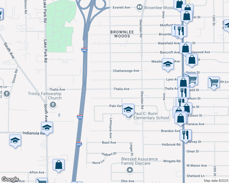map of restaurants, bars, coffee shops, grocery stores, and more near 1609 Thalia Avenue in Youngstown