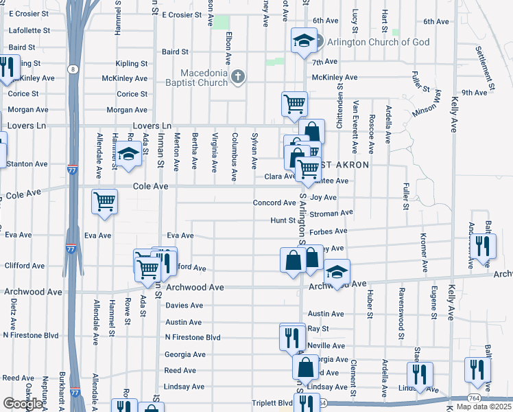 map of restaurants, bars, coffee shops, grocery stores, and more near 952 Concord Avenue in Akron