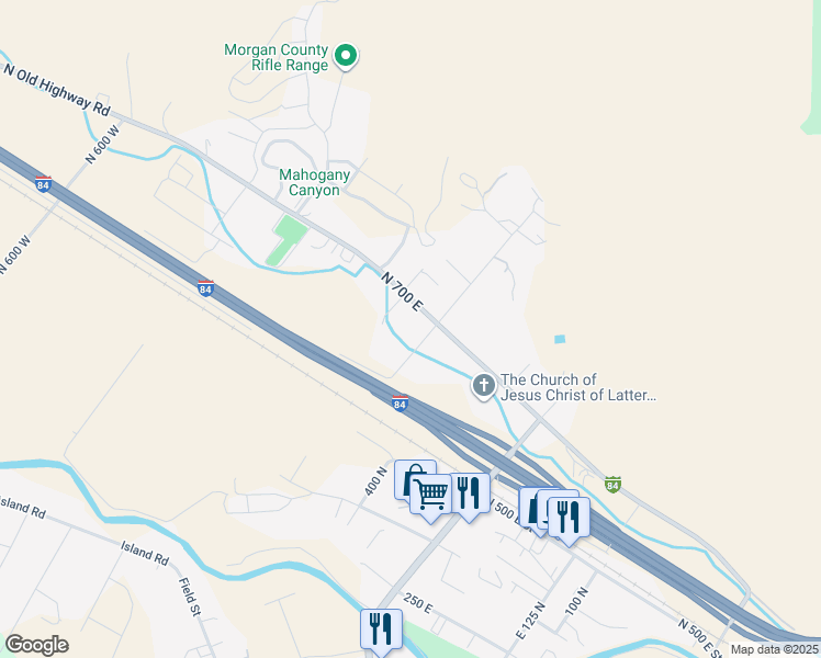 map of restaurants, bars, coffee shops, grocery stores, and more near 543 North 700 East in Morgan