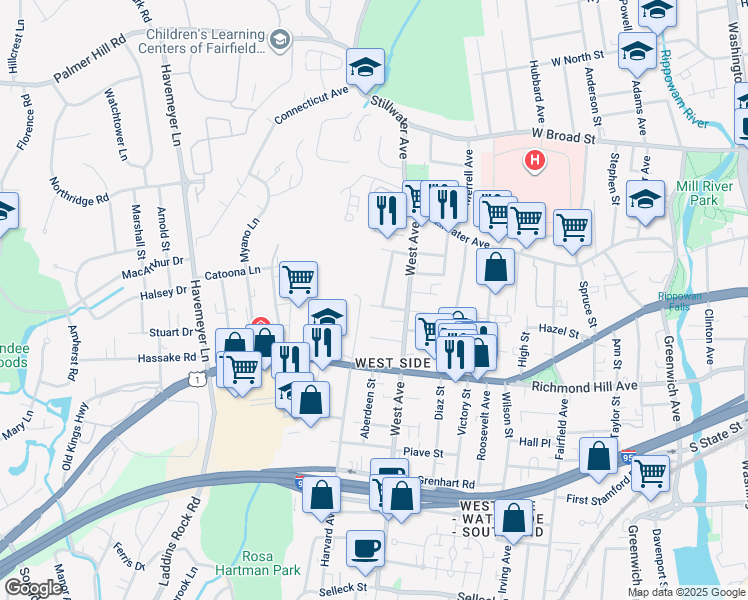 map of restaurants, bars, coffee shops, grocery stores, and more near 3 Depinedo Avenue in Stamford