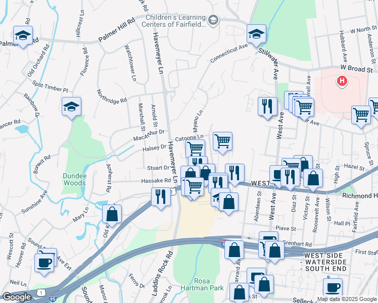 map of restaurants, bars, coffee shops, grocery stores, and more near 50 Myano Lane in Stamford