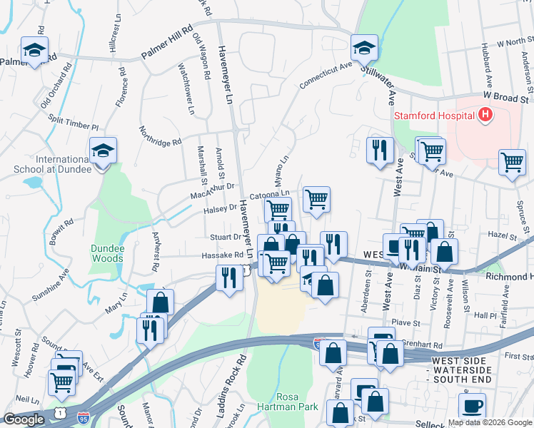 map of restaurants, bars, coffee shops, grocery stores, and more near 62 Whitmore Lane in Stamford